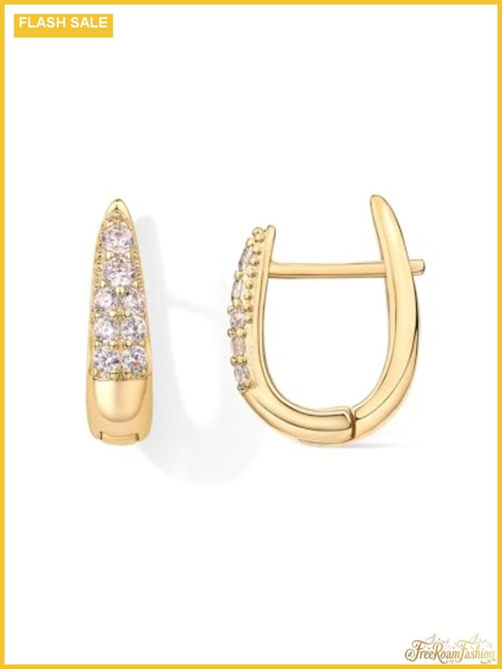 18K Gold Plated Cubic Zirconia U Shaped Huggie Hoop Earrings for Women